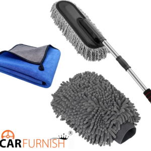 Combo Car Cleaning Kit – 800 GSM Microfiber Cloth, Car Duster & Double-Sided Chenille Wash Mitt | Scratch-Free, High Absorbency | Complete Car Care Set